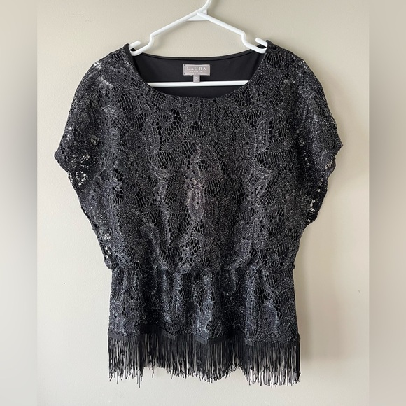 Laura Black Lace Coquette Fringe Blouse Size M All Over Shimmer Whimsygoth - Picture 2 of 10